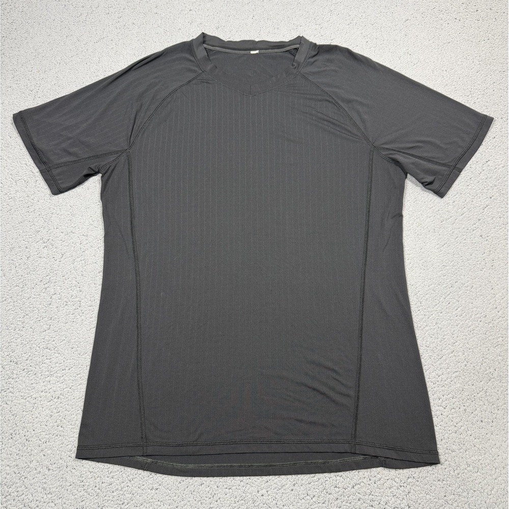 Lululemon Shirt Mens Large Black Short Sleeve V Neck Striped Athletic Top